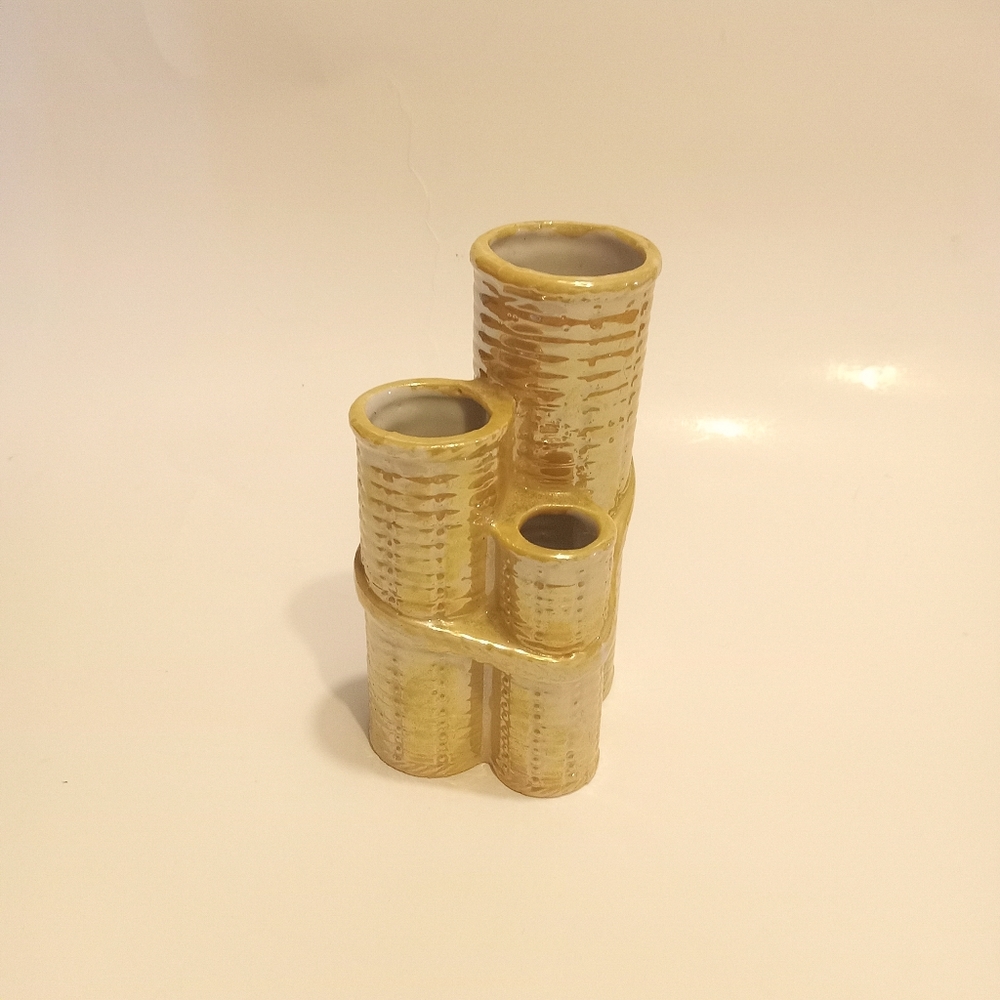 Vintage Hand Painted Japan Porcelain Bamboo Design 5 1/2" tall Triple Vase